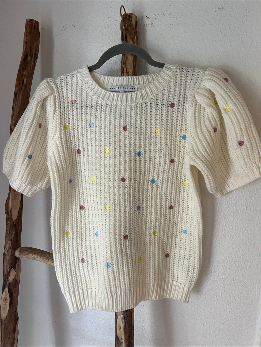 English Factory Short Puff Sleeve Cream Sweater Yellow, Blue, Pink Polka Dots S